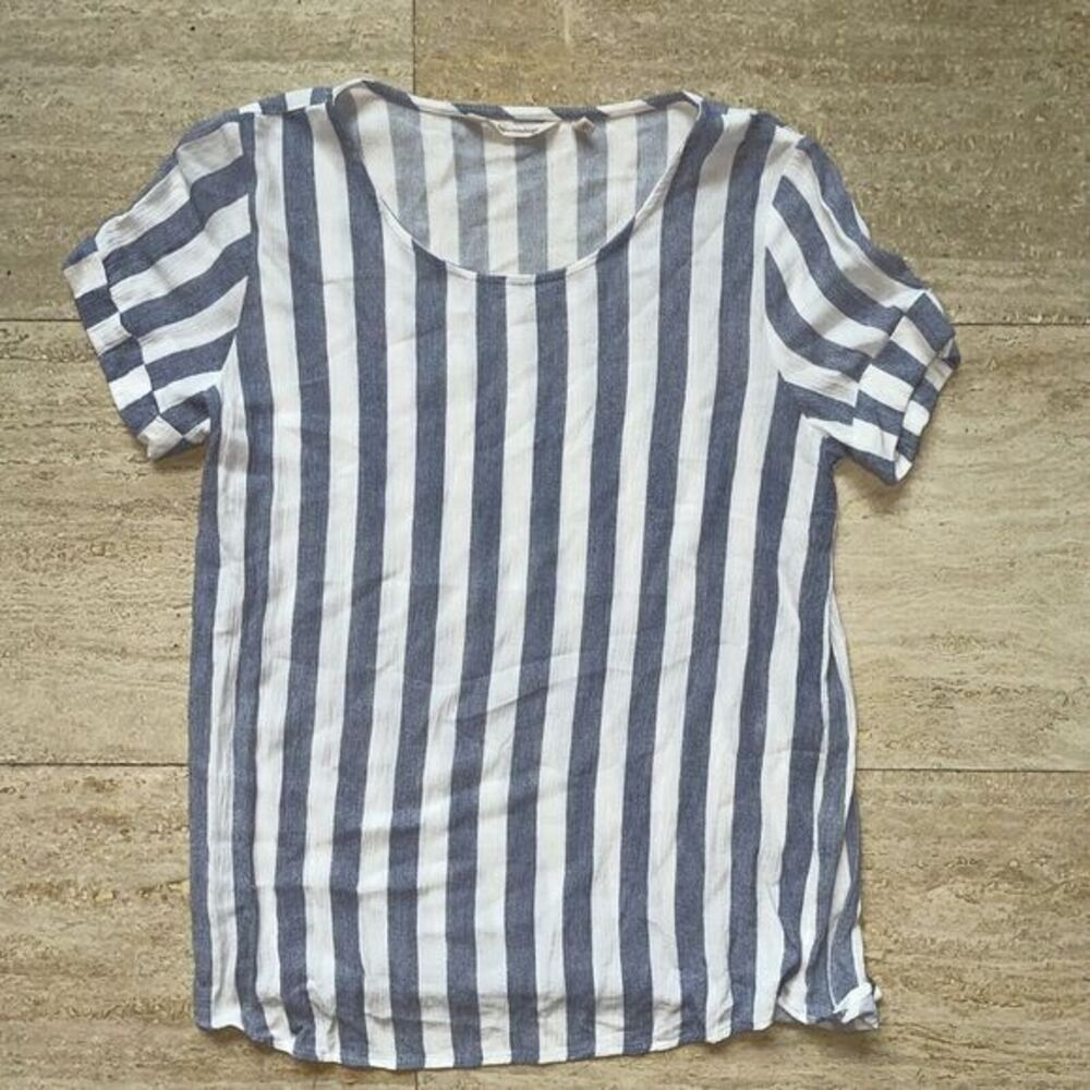 Soft Surroundings Tunic Shirt Top Womens Sz XS Linen Cuffed Short Sleeve Striped